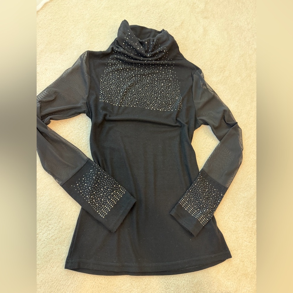 BNWT Anthropologie Black Dazzled Embellished Sheer Long Sleeves Turtleneck Top